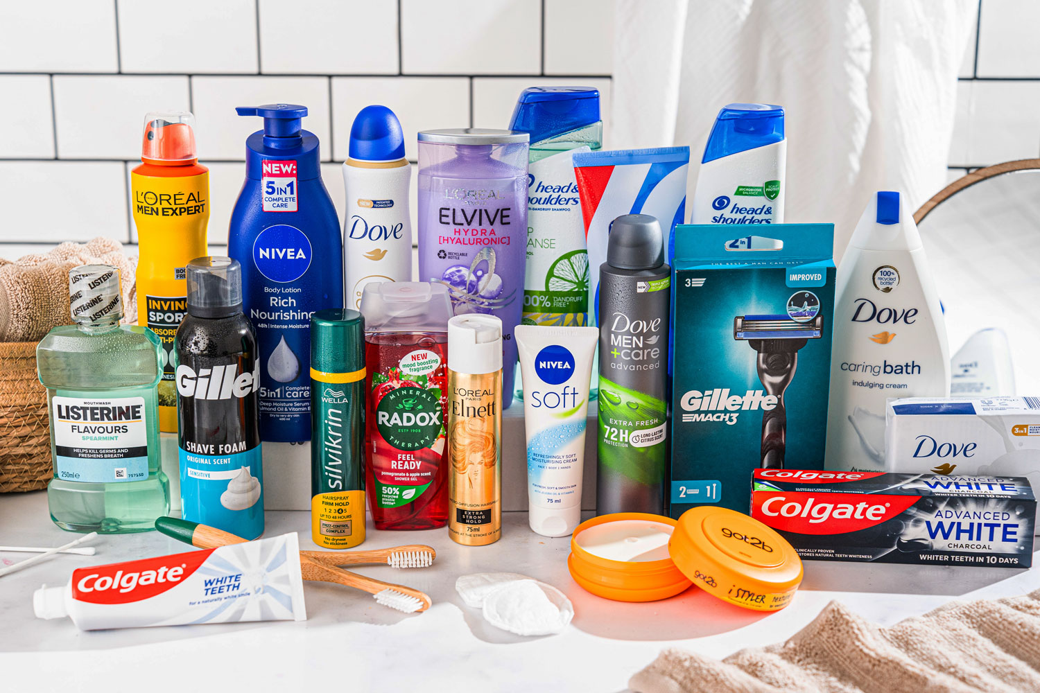 Personal care products from brands including Dove, Nivea, Listerine, Gillette, and Colgate