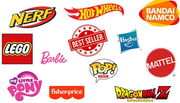 Brand logos including LEGO, Hasbro, Mattel, Hot Wheels, Barbie, Fisher-Price, and Nerf