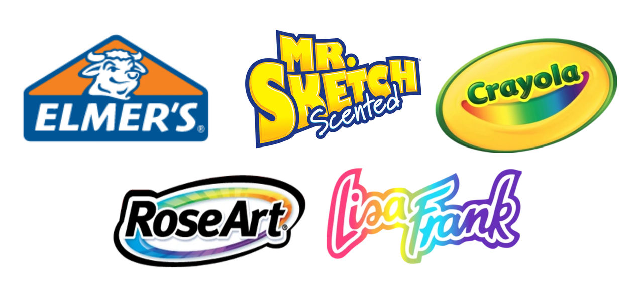 Brand logos including Elmer's, Mr. Sketch, Crayola, RoseArt, and Lisa Frank