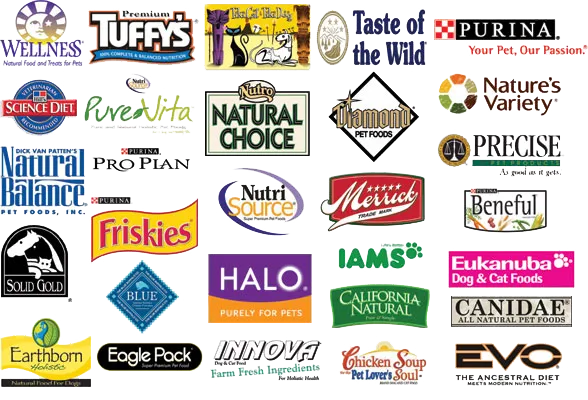 Brand logos including Purina, Blue Buffalo, Science Diet, Nutro, Friskies, and Iams