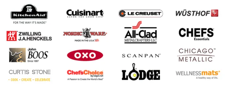 Brand logos including KitchenAid, Cuisinart, Le Creuset, Wüsthof, All-Clad, and Lodge