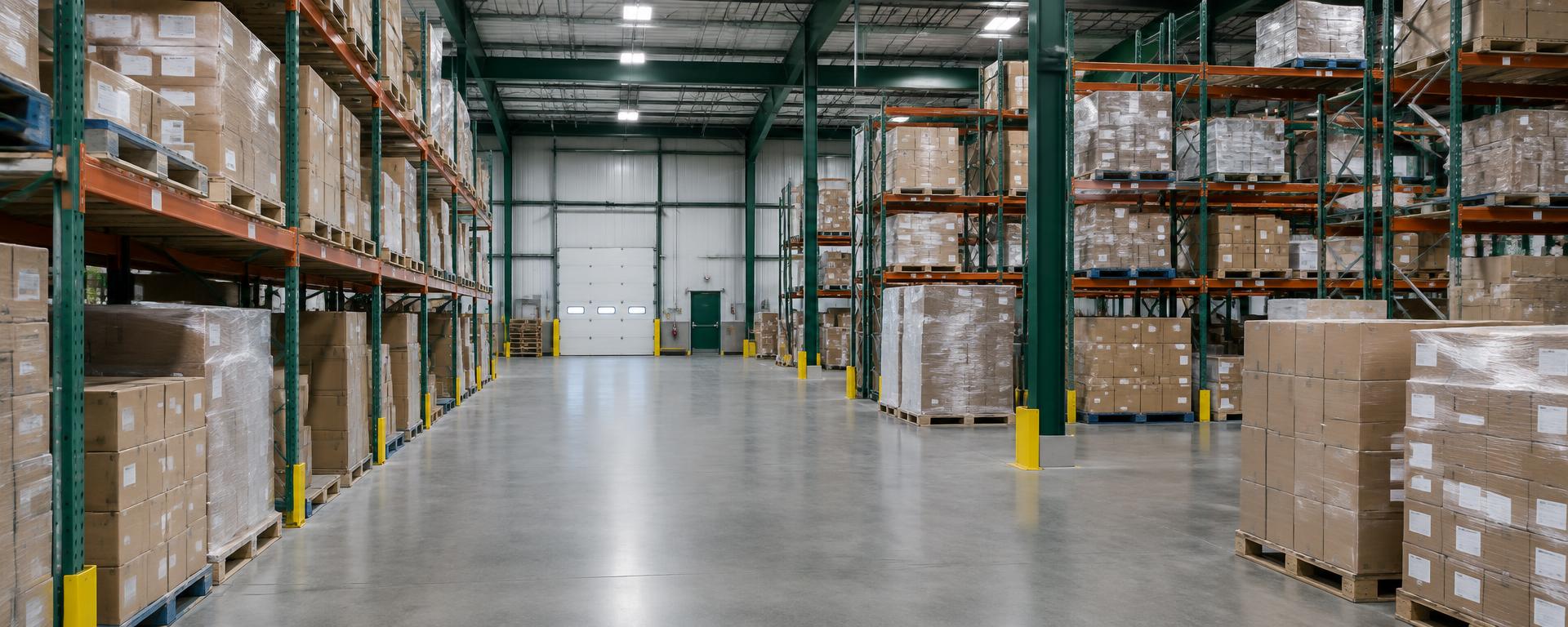 Organized warehouse aisle with pallet racking and wholesale inventory